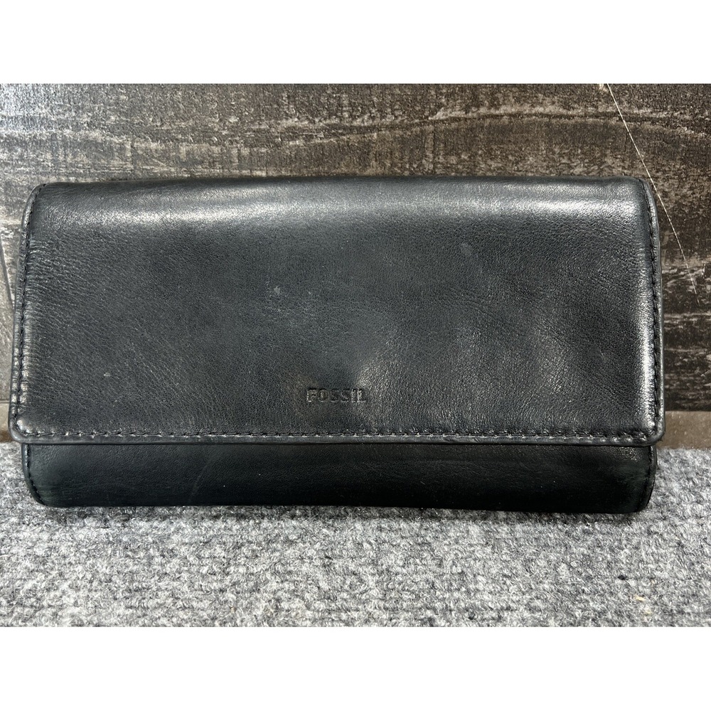 Fossil Black Leather Emma Flap Clutch Medium Trifold